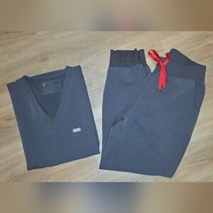 Dark Gray Scrub Set with Red Drawstring